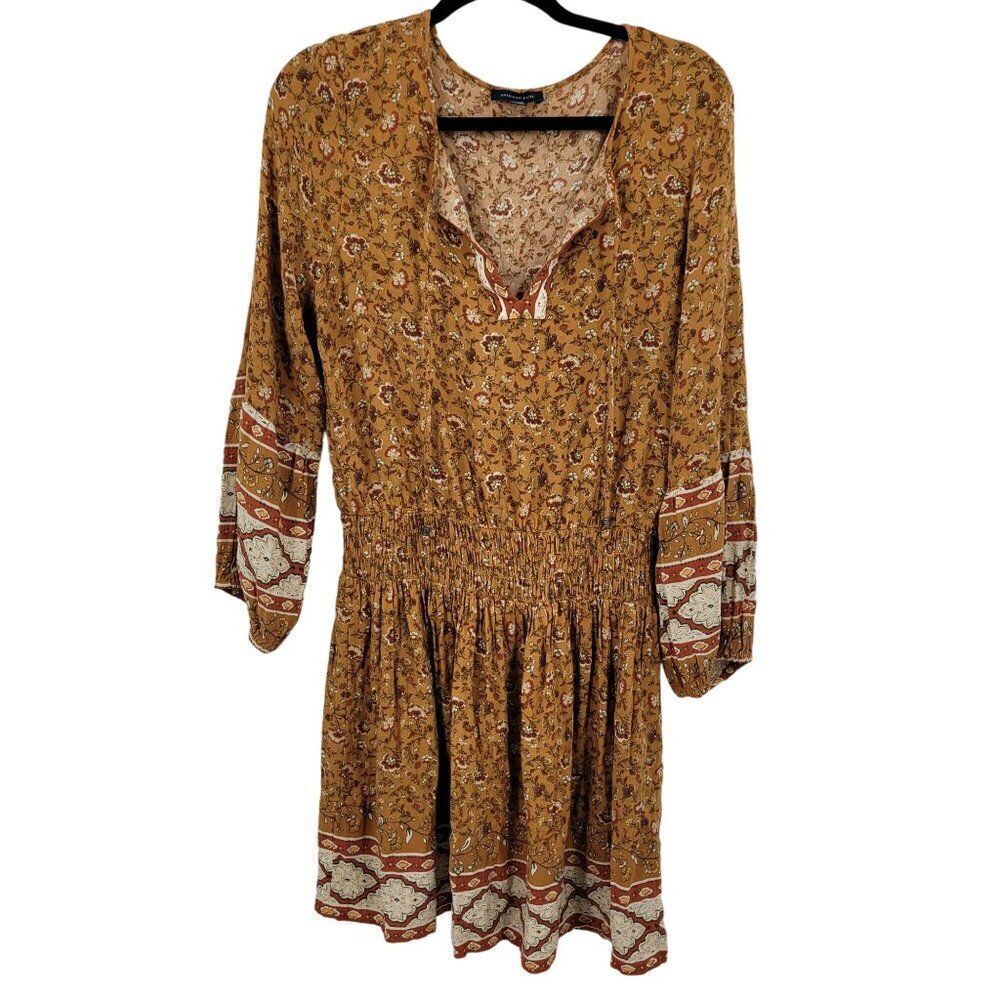 American Eagle Long Sleeve‎ Dress Size Large Long Rust Floral Smocked Mini Boho